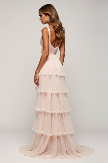 Candy Pink Robe de bal en tulle à plusieurs niveaux à col en V